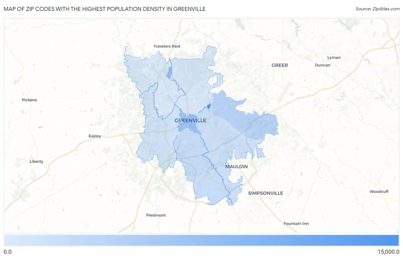 Zip Codes with the Highest Population Density in Greenville Map