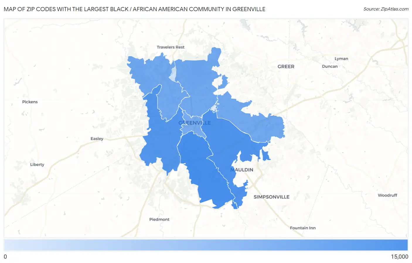 Zip Codes with the Largest Black / African American Community in Greenville Map