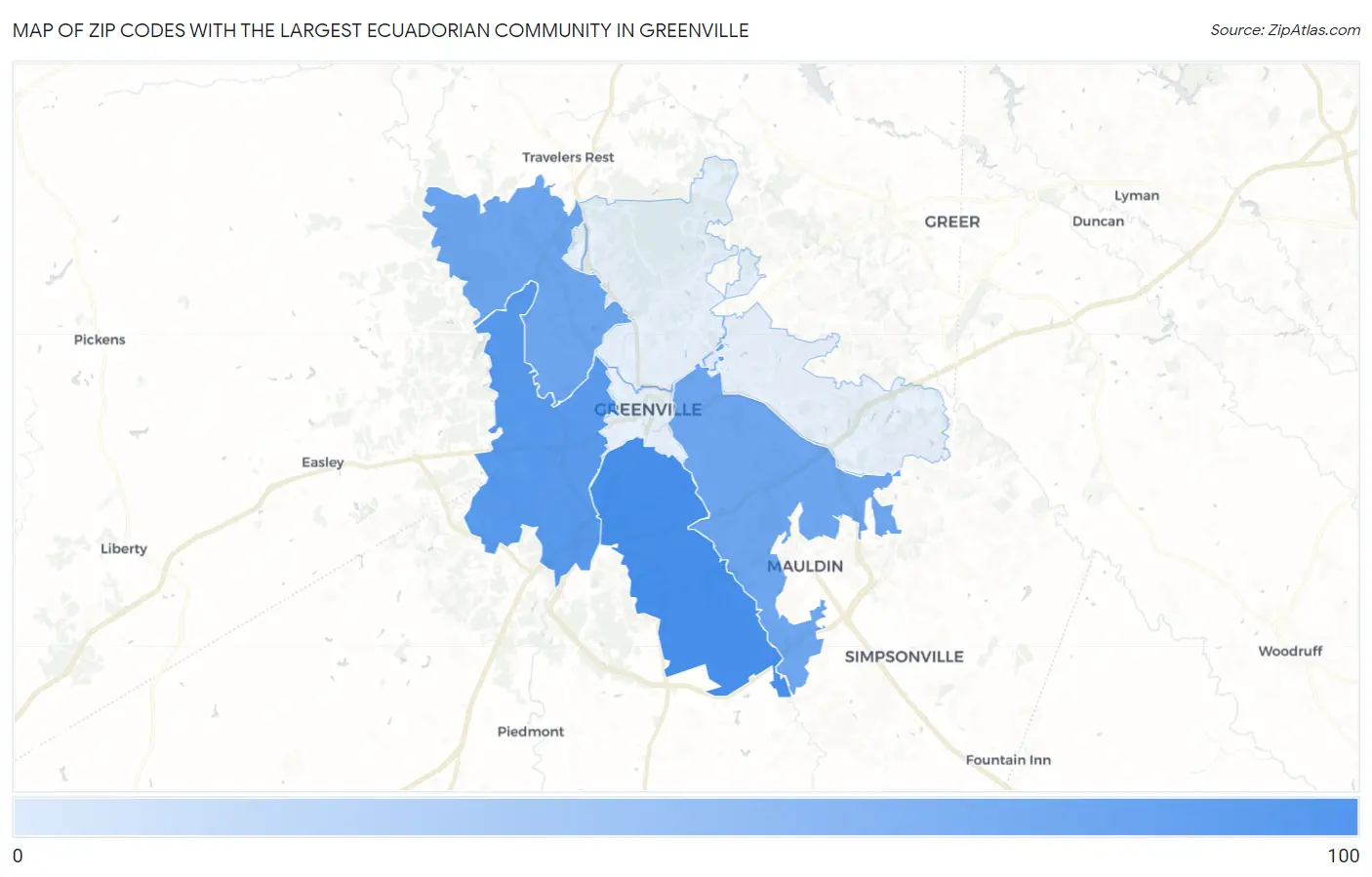 Zip Codes with the Largest Ecuadorian Community in Greenville Map
