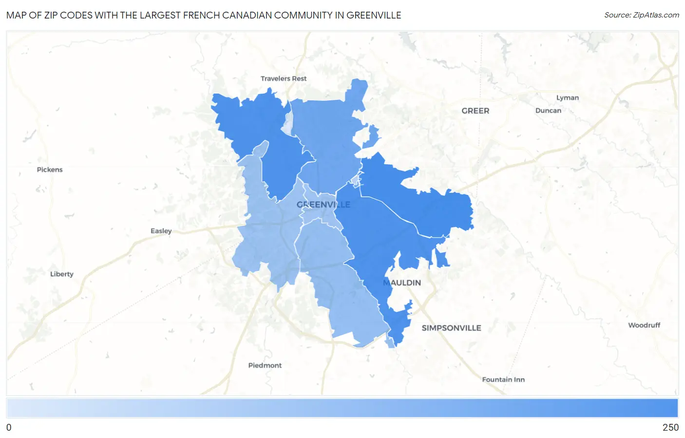 Zip Codes with the Largest French Canadian Community in Greenville Map