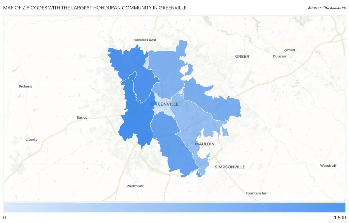 Zip Codes with the Largest Honduran Community in Greenville Map