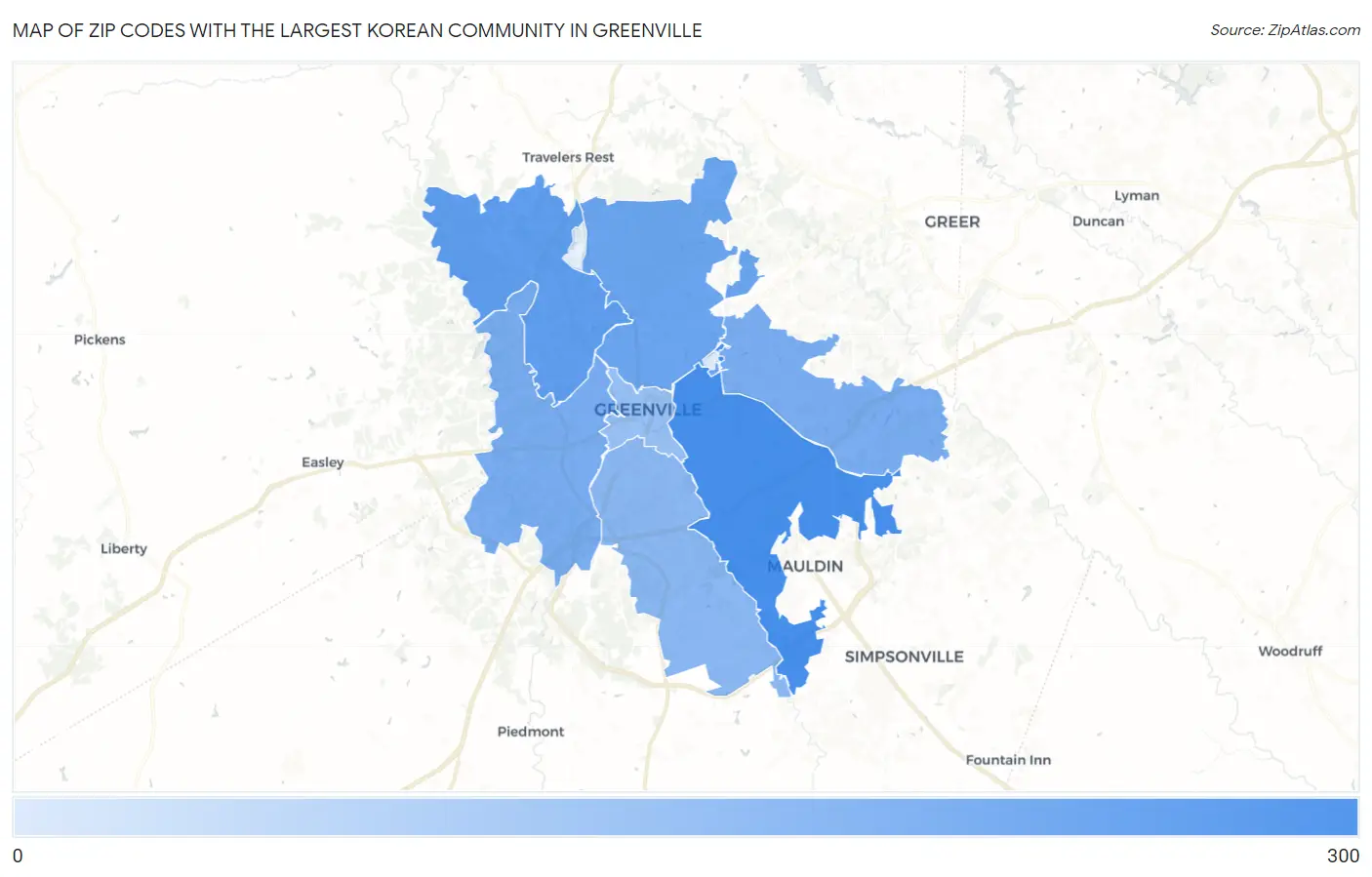Zip Codes with the Largest Korean Community in Greenville Map