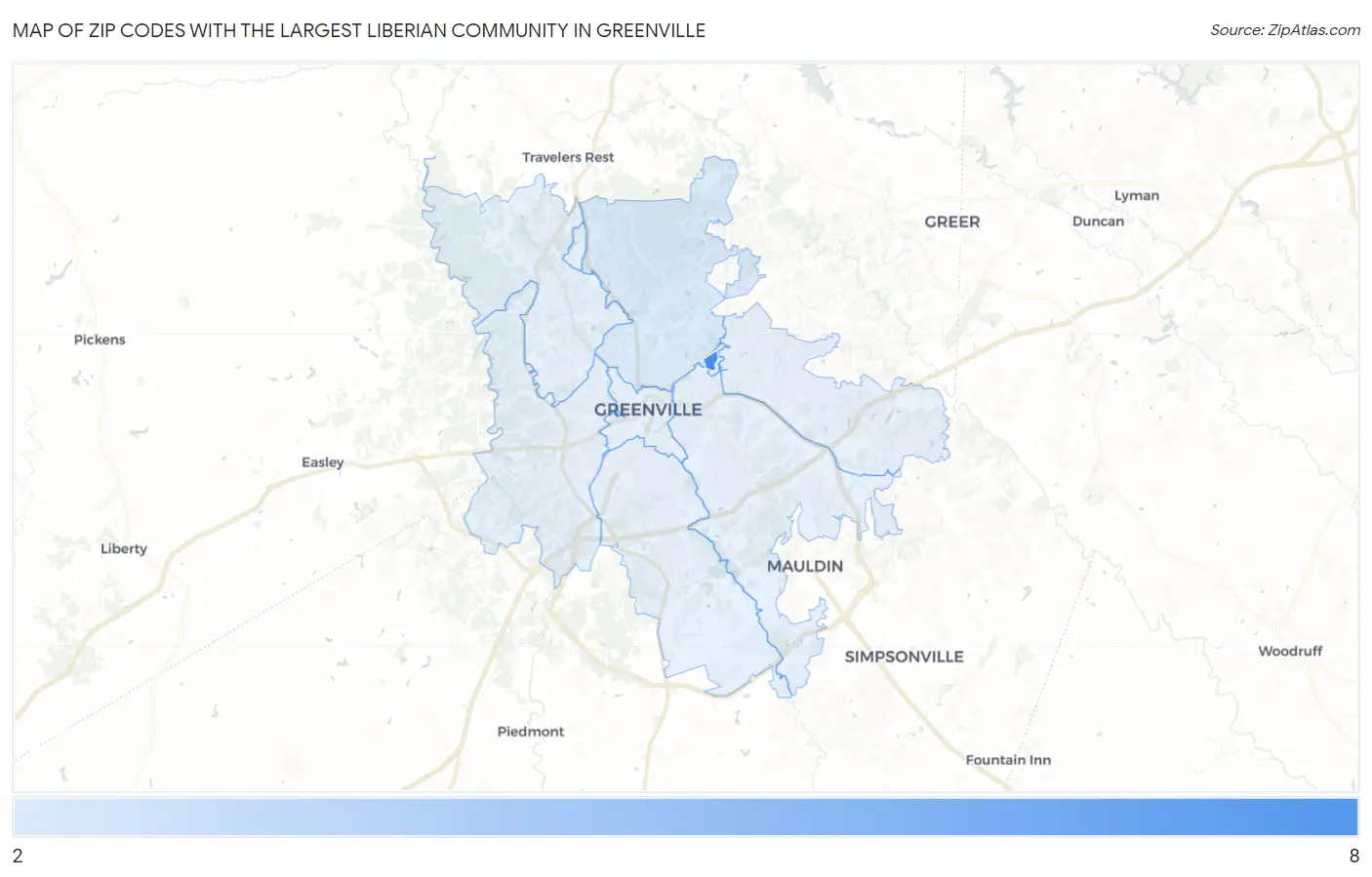 Zip Codes with the Largest Liberian Community in Greenville Map