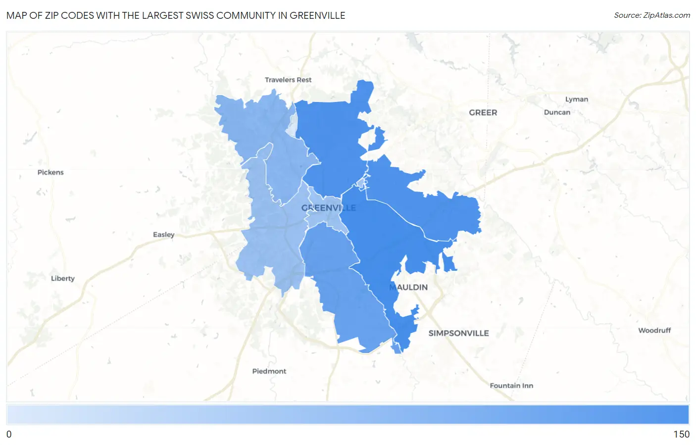 Zip Codes with the Largest Swiss Community in Greenville Map
