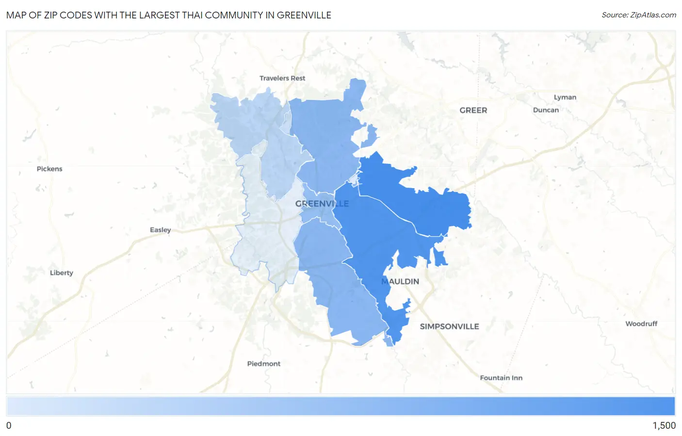 Zip Codes with the Largest Thai Community in Greenville Map