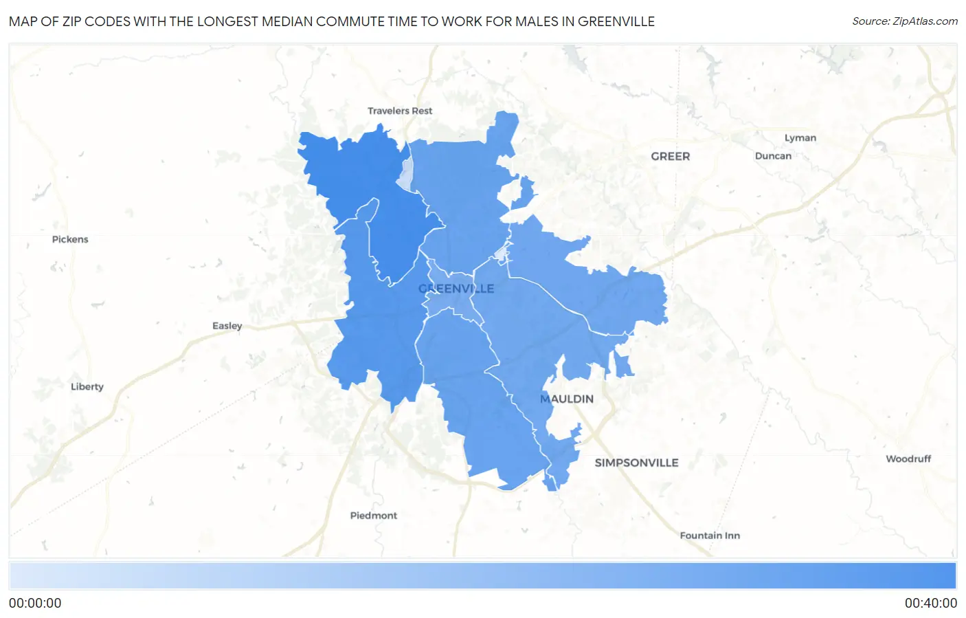 Zip Codes with the Longest Median Commute Time to Work for Males in Greenville Map