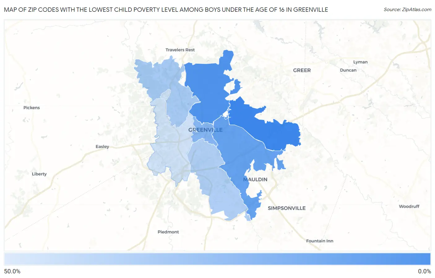 Zip Codes with the Lowest Child Poverty Level Among Boys Under the Age of 16 in Greenville Map
