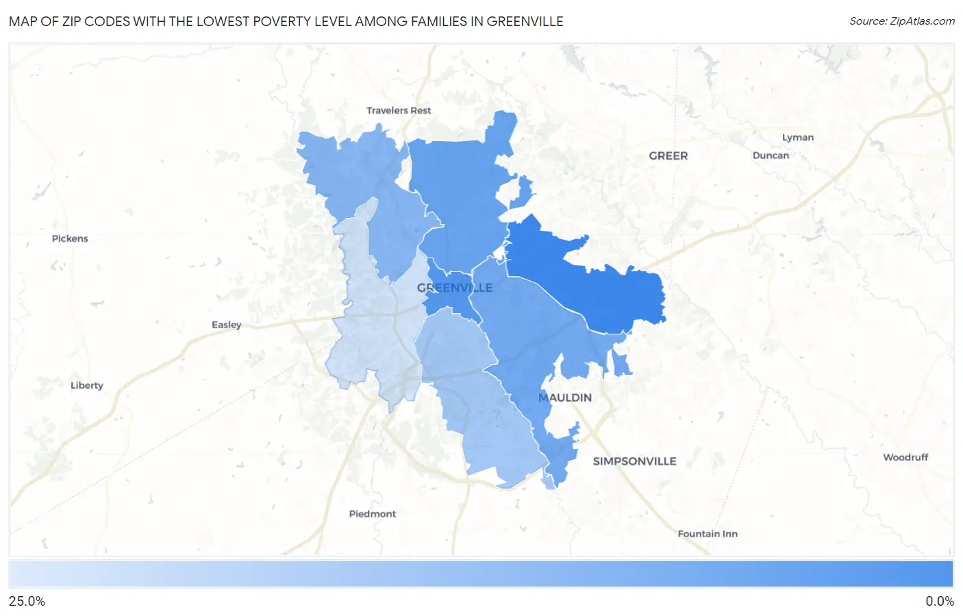 Zip Codes with the Lowest Poverty Level Among Families in Greenville Map