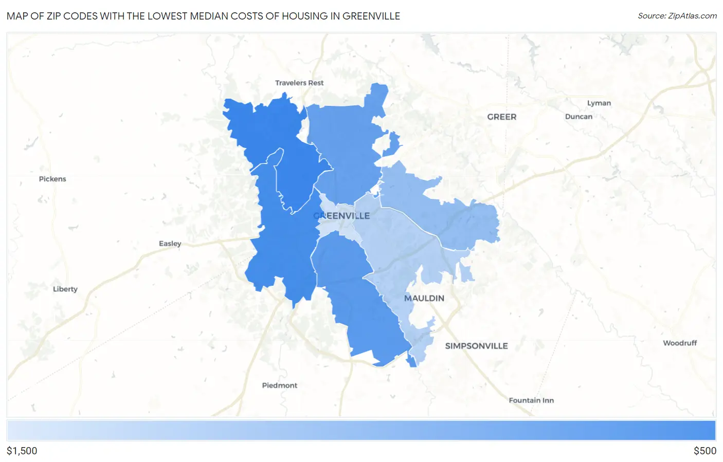Zip Codes with the Lowest Median Costs of Housing in Greenville Map