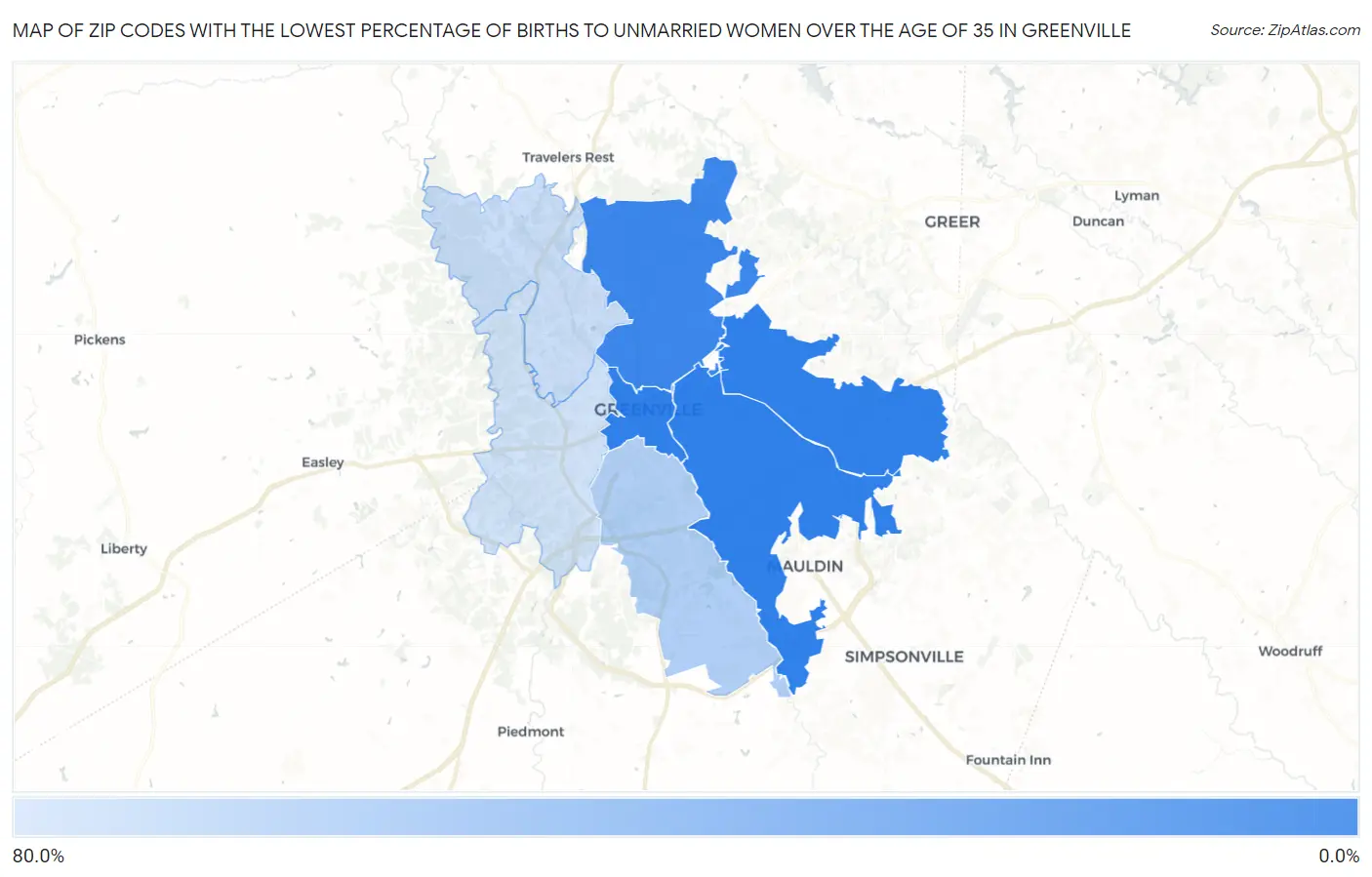 Zip Codes with the Lowest Percentage of Births to Unmarried Women over the Age of 35 in Greenville Map