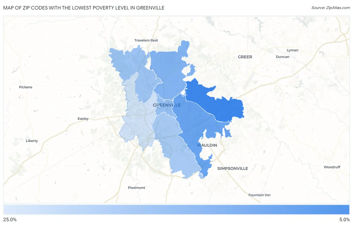 Zip Codes with the Lowest Poverty Level in Greenville Map