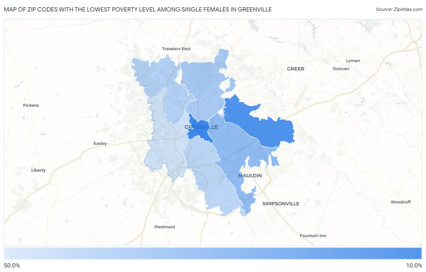 Zip Codes with the Lowest Poverty Level Among Single Females in Greenville Map