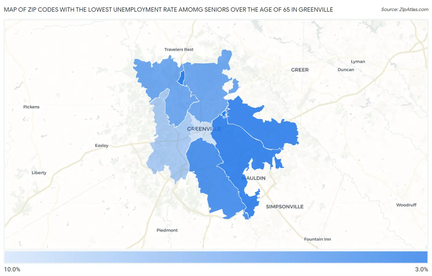 Zip Codes with the Lowest Unemployment Rate Amomg Seniors Over the Age of 65 in Greenville Map