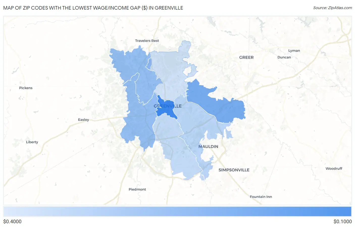 Zip Codes with the Lowest Wage/Income Gap ($) in Greenville Map
