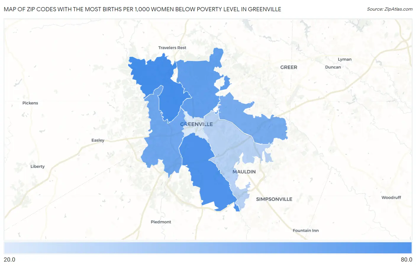 Zip Codes with the Most Births per 1,000 Women Below Poverty Level in Greenville Map
