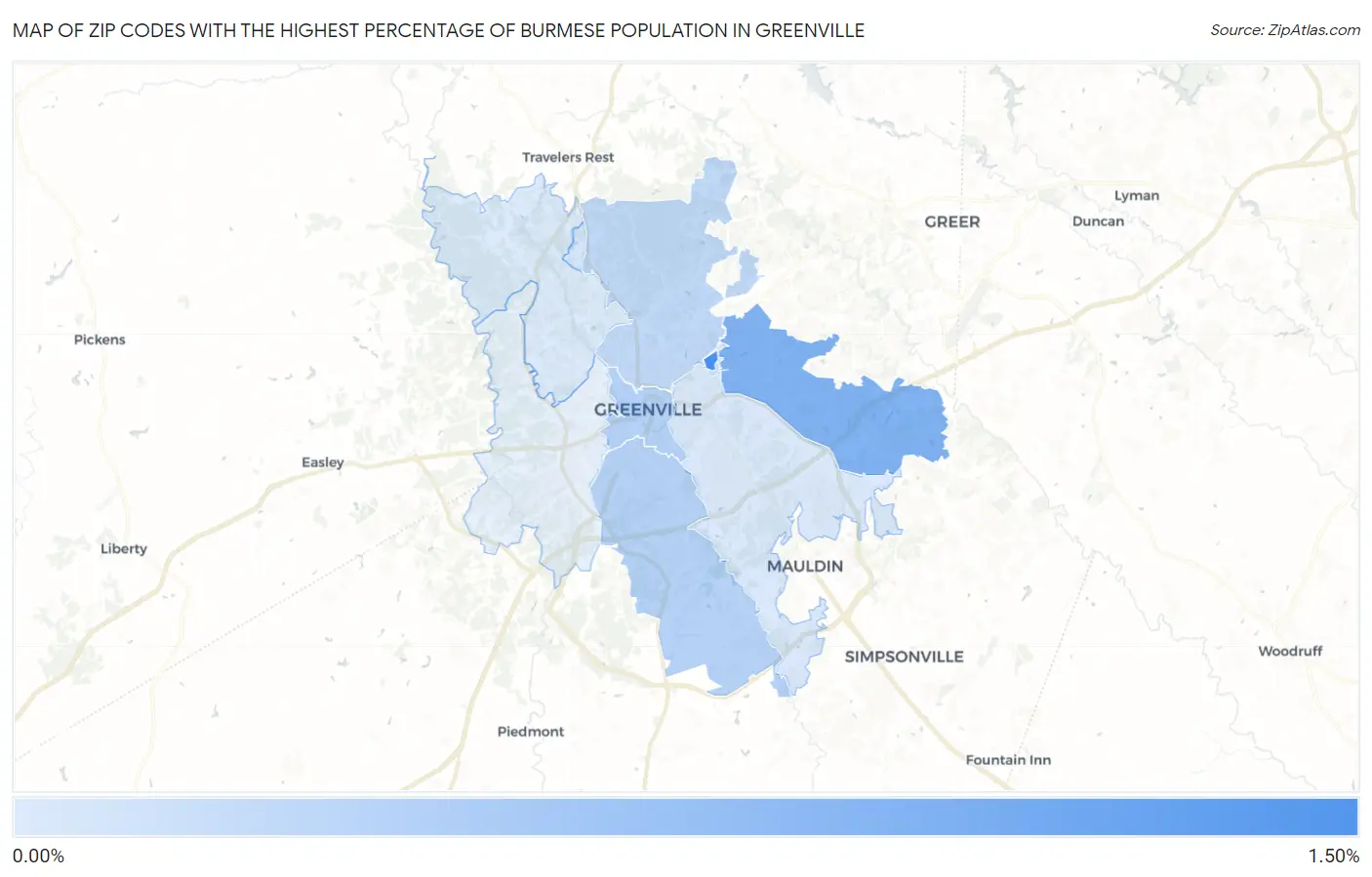 Zip Codes with the Highest Percentage of Burmese Population in Greenville Map