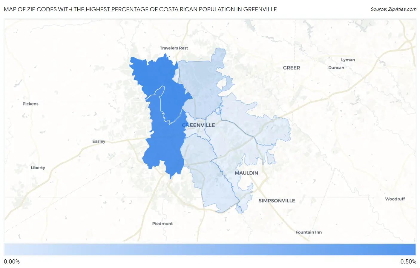 Zip Codes with the Highest Percentage of Costa Rican Population in Greenville Map