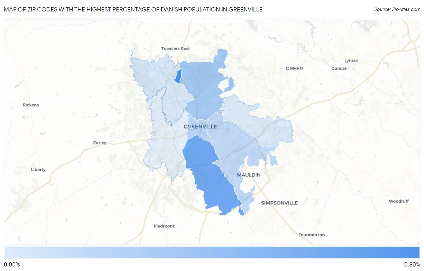 Zip Codes with the Highest Percentage of Danish Population in Greenville Map