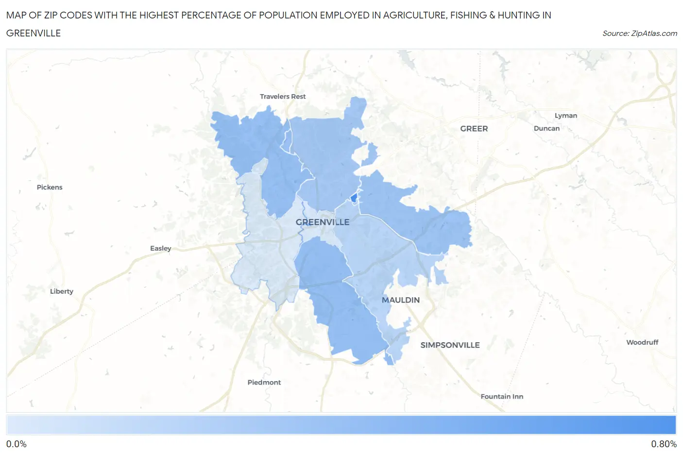 Zip Codes with the Highest Percentage of Population Employed in Agriculture, Fishing & Hunting in Greenville Map