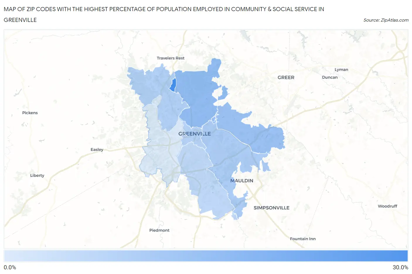 Zip Codes with the Highest Percentage of Population Employed in Community & Social Service  in Greenville Map