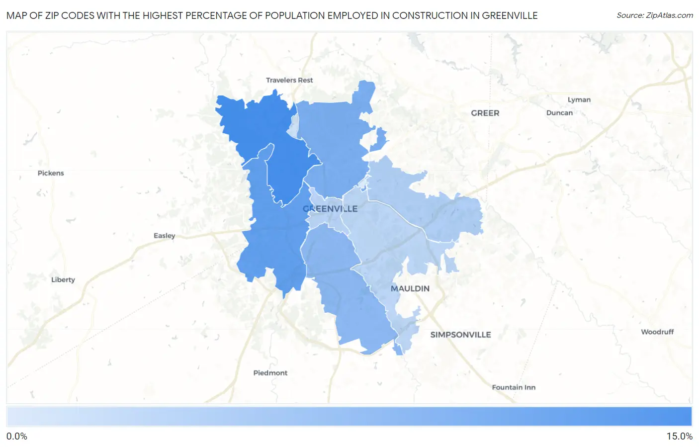 Zip Codes with the Highest Percentage of Population Employed in Construction in Greenville Map