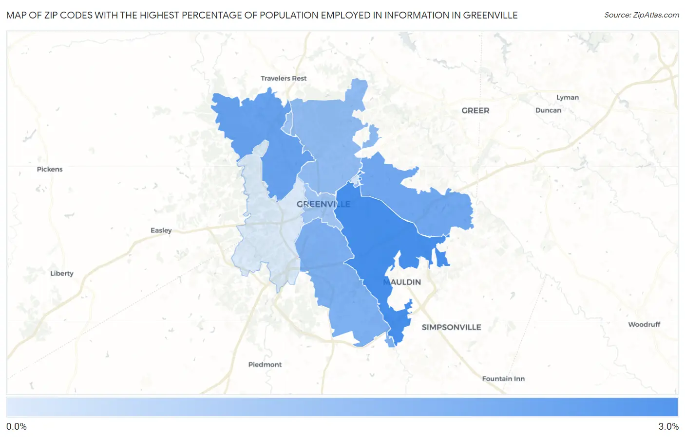 Zip Codes with the Highest Percentage of Population Employed in Information in Greenville Map