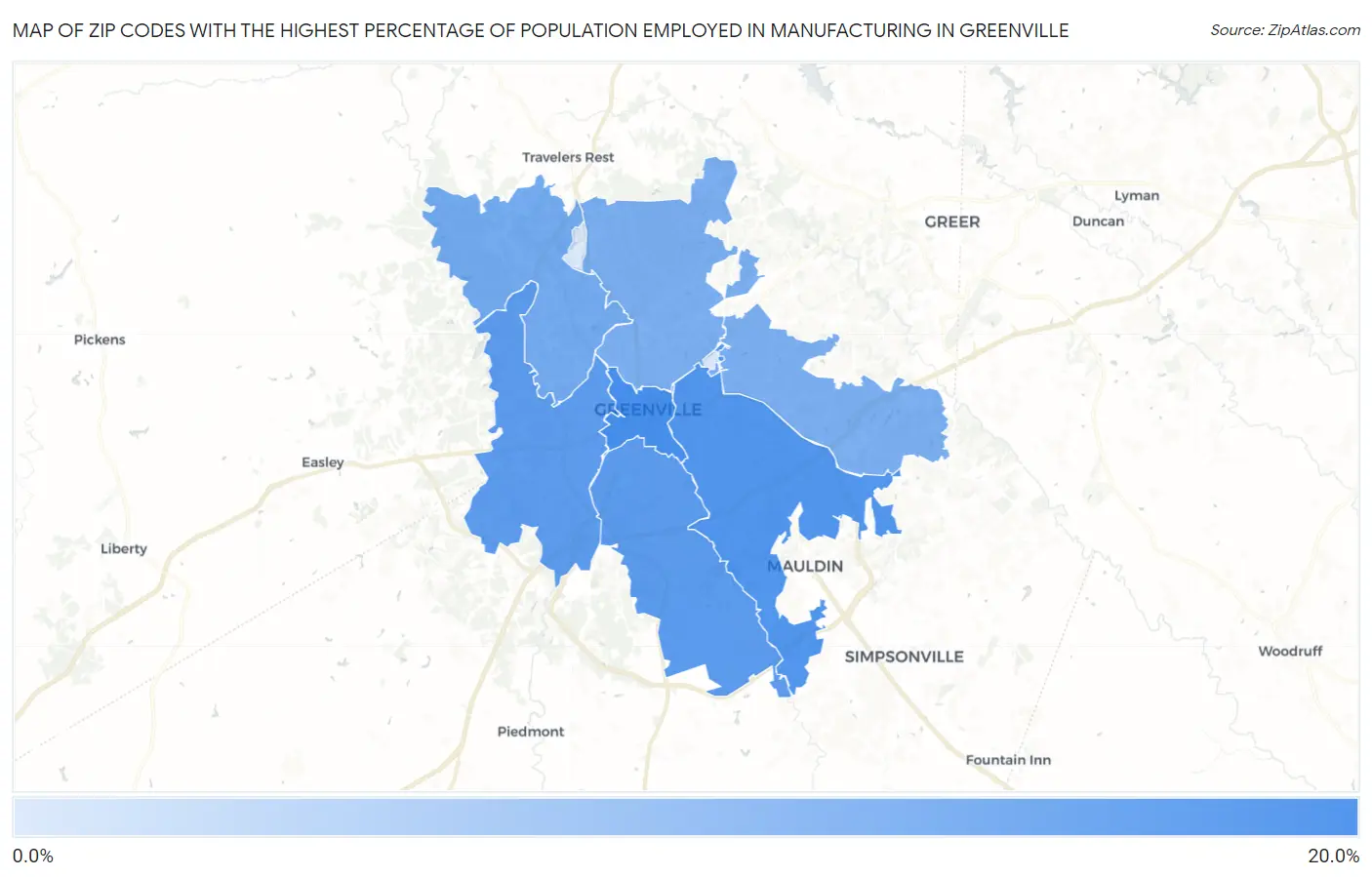 Zip Codes with the Highest Percentage of Population Employed in Manufacturing in Greenville Map
