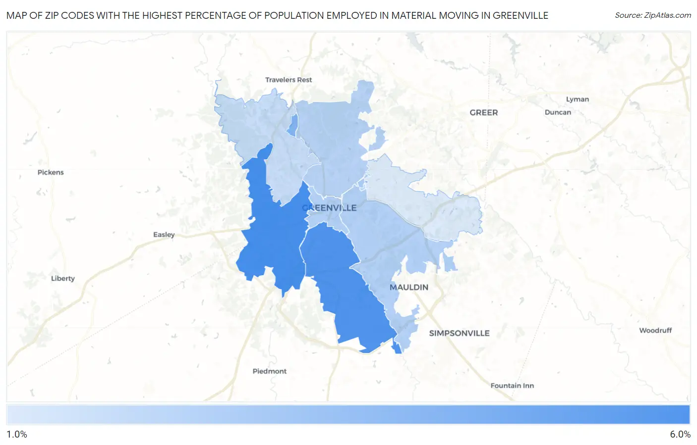 Zip Codes with the Highest Percentage of Population Employed in Material Moving in Greenville Map