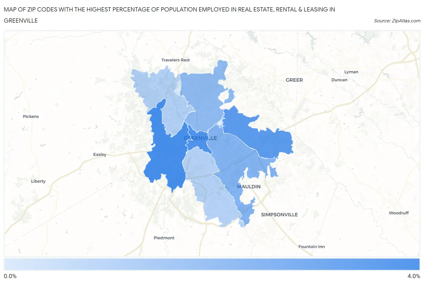 Zip Codes with the Highest Percentage of Population Employed in Real Estate, Rental & Leasing in Greenville Map