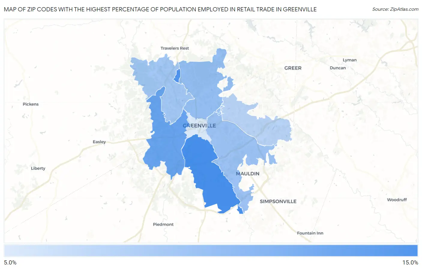 Zip Codes with the Highest Percentage of Population Employed in Retail Trade in Greenville Map