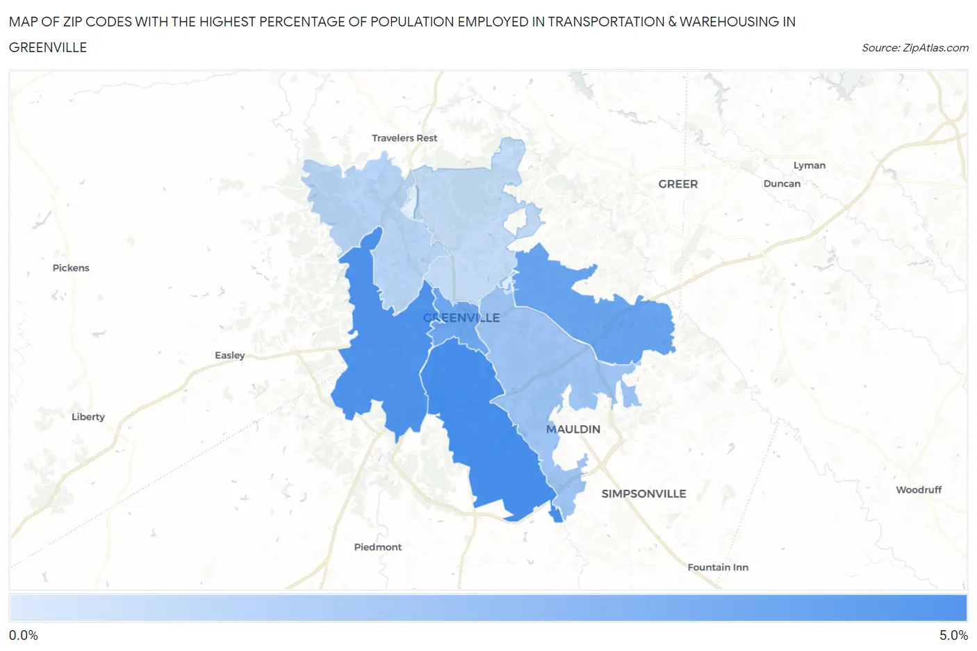 Zip Codes with the Highest Percentage of Population Employed in Transportation & Warehousing in Greenville Map