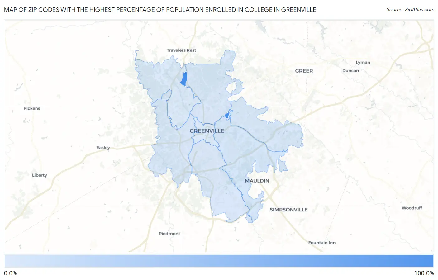 Zip Codes with the Highest Percentage of Population Enrolled in College in Greenville Map