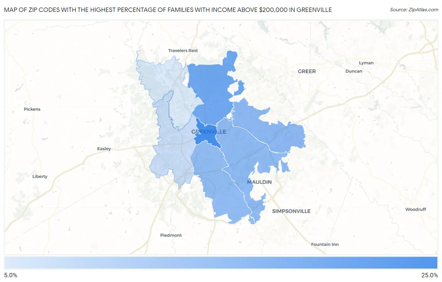 Zip Codes with the Highest Percentage of Families with Income Above $200,000 in Greenville Map