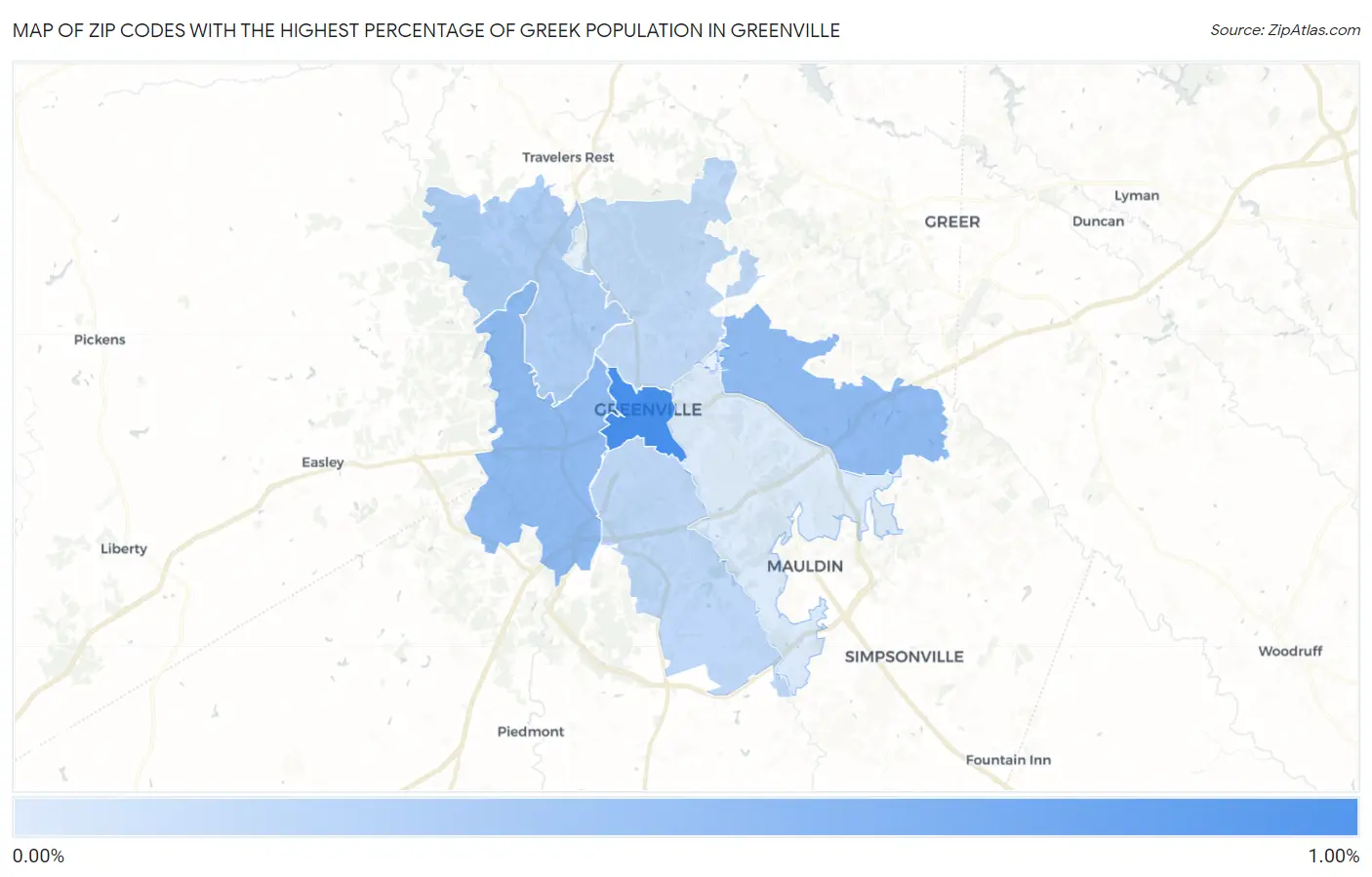 Zip Codes with the Highest Percentage of Greek Population in Greenville Map