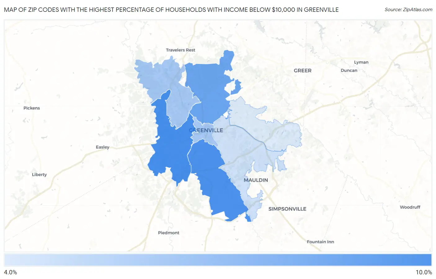 Zip Codes with the Highest Percentage of Households with Income Below $10,000 in Greenville Map