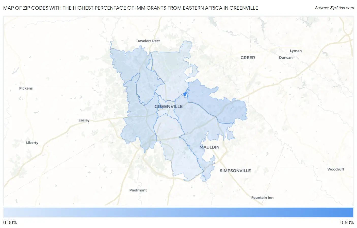 Zip Codes with the Highest Percentage of Immigrants from Eastern Africa in Greenville Map