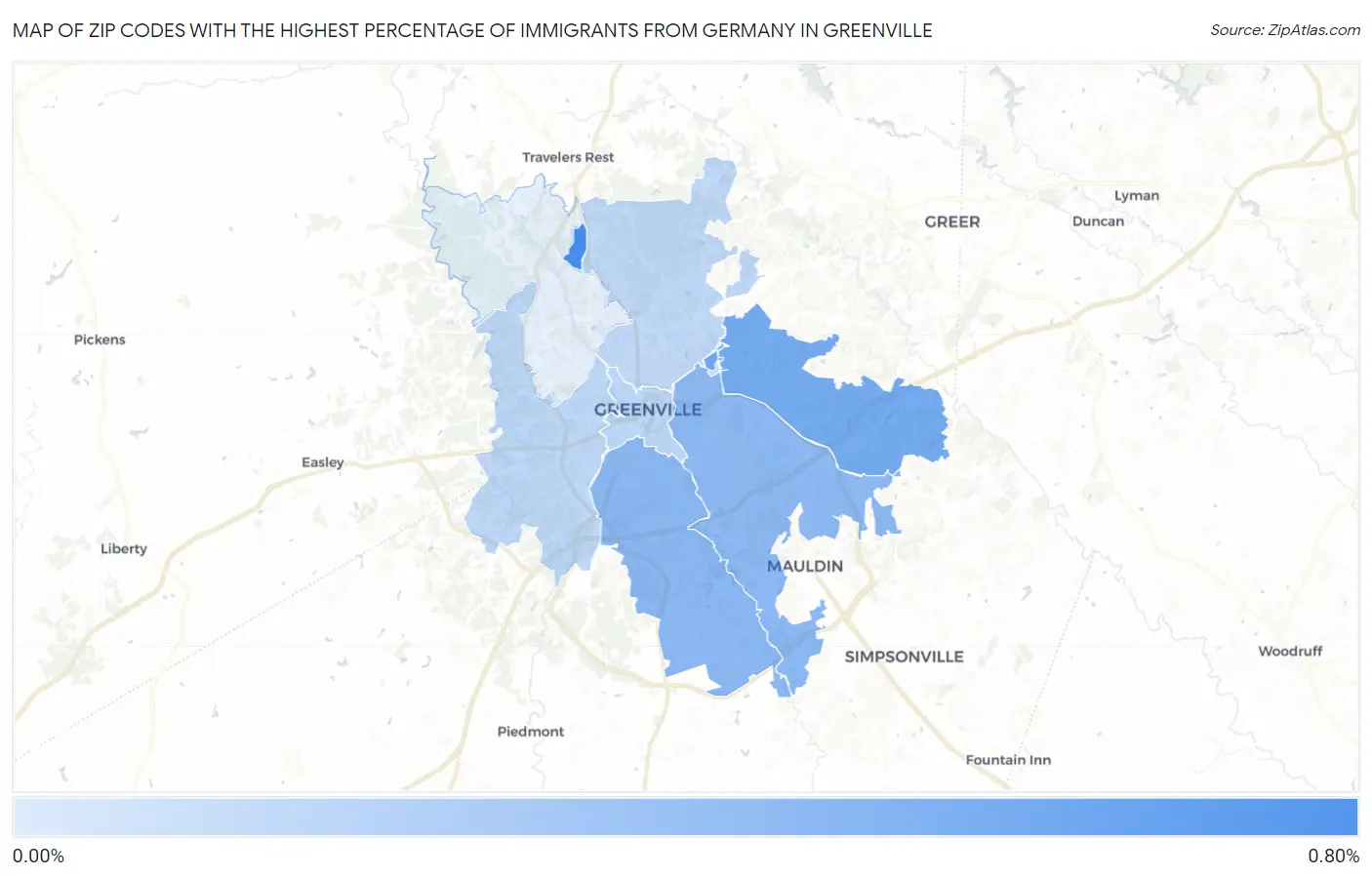 Zip Codes with the Highest Percentage of Immigrants from Germany in Greenville Map