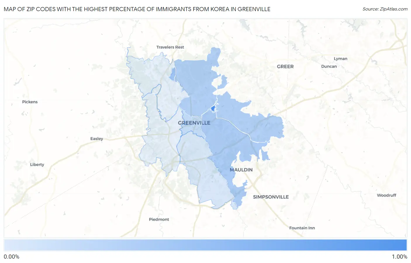 Zip Codes with the Highest Percentage of Immigrants from Korea in Greenville Map
