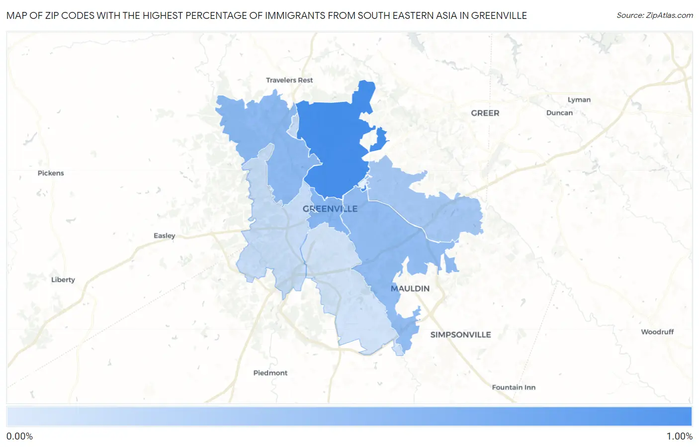 Zip Codes with the Highest Percentage of Immigrants from South Eastern Asia in Greenville Map