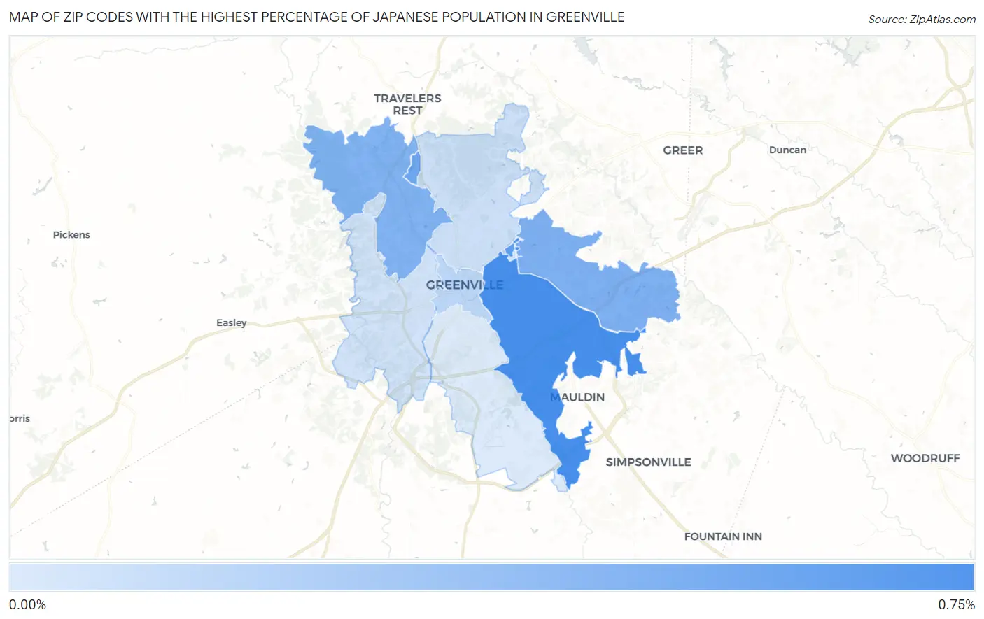 Zip Codes with the Highest Percentage of Japanese Population in Greenville Map