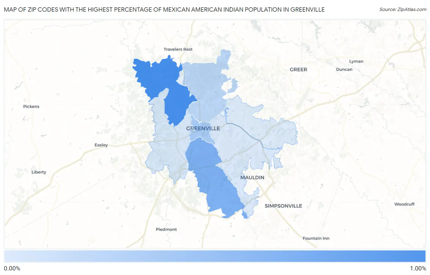 Zip Codes with the Highest Percentage of Mexican American Indian Population in Greenville Map