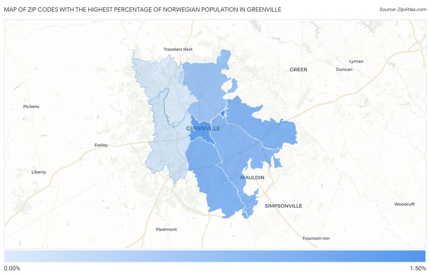 Zip Codes with the Highest Percentage of Norwegian Population in Greenville Map