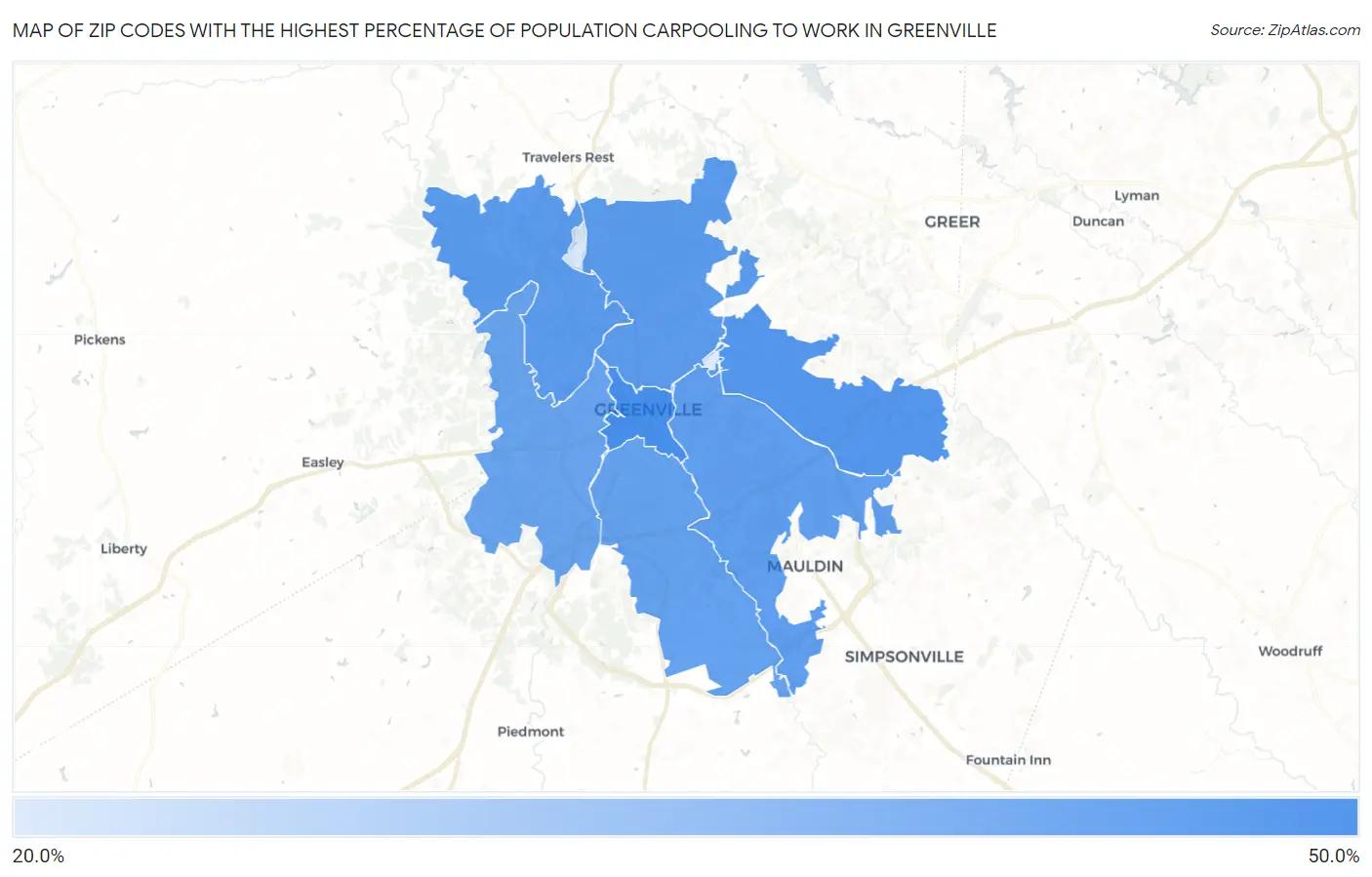 Zip Codes with the Highest Percentage of Population Carpooling to Work in Greenville Map
