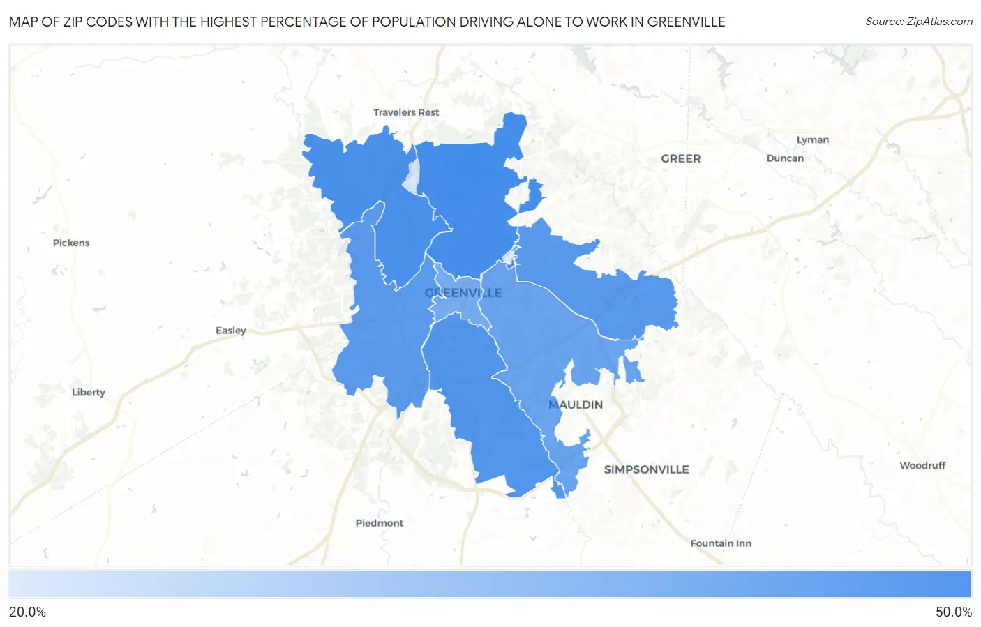 Zip Codes with the Highest Percentage of Population Driving Alone to Work in Greenville Map