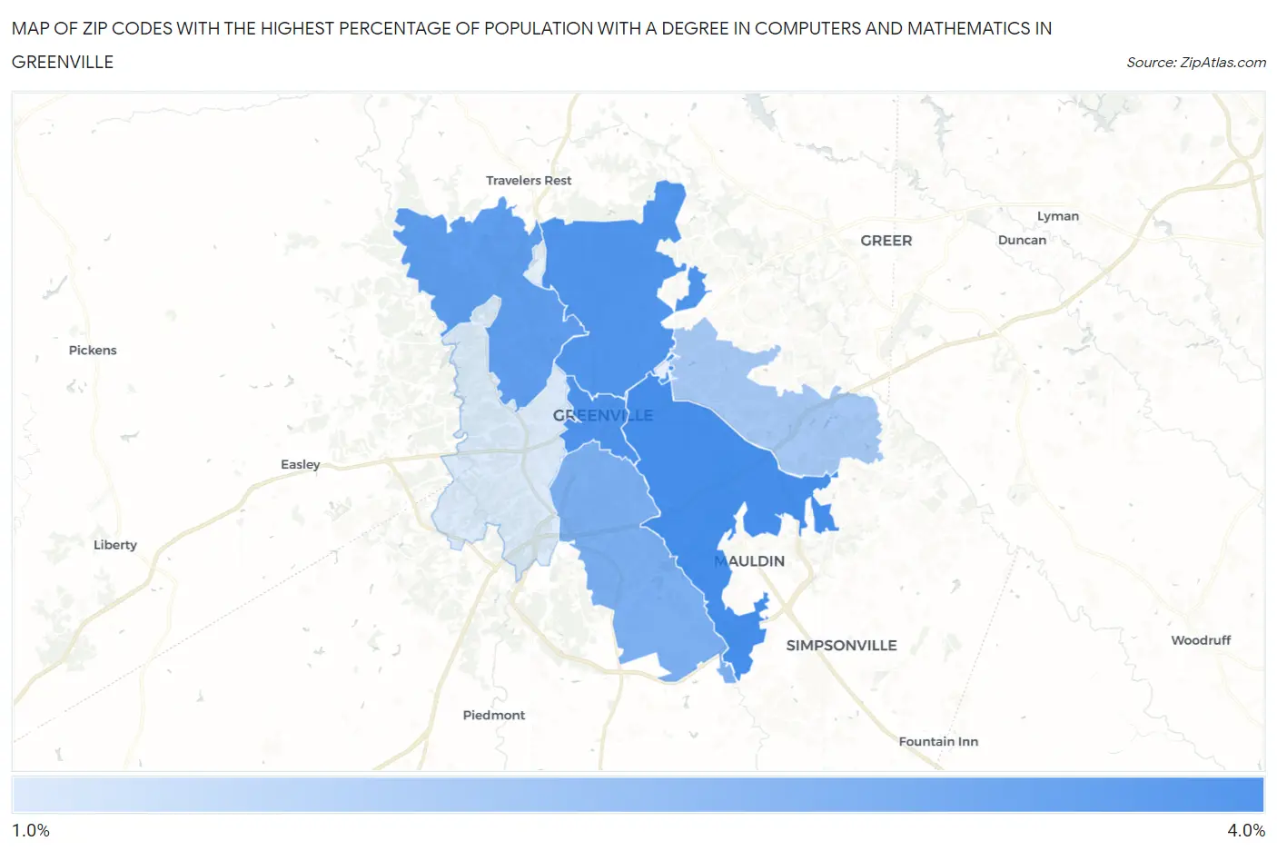 Zip Codes with the Highest Percentage of Population with a Degree in Computers and Mathematics in Greenville Map