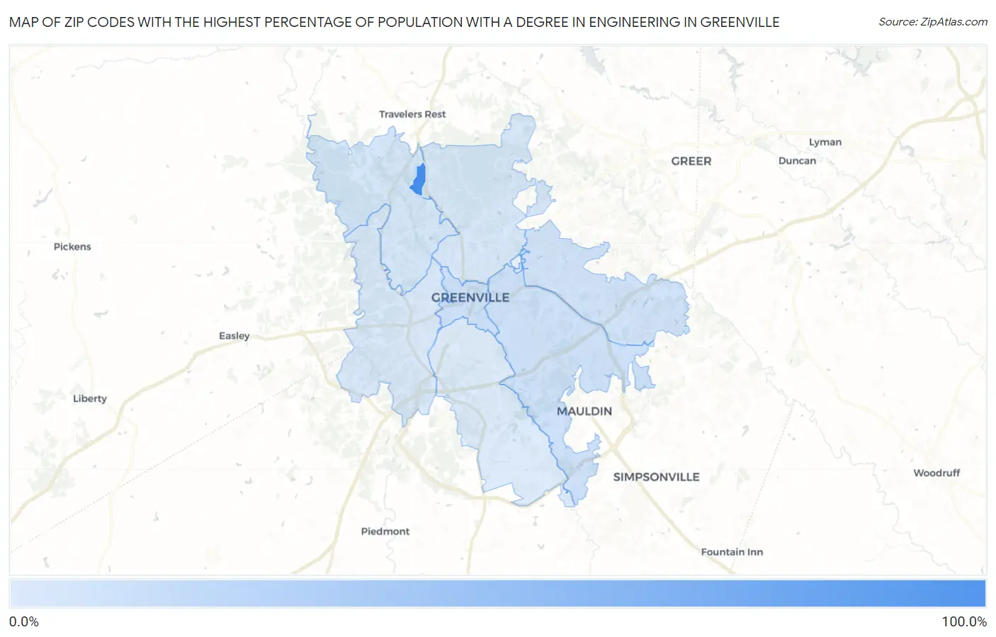 Zip Codes with the Highest Percentage of Population with a Degree in Engineering in Greenville Map