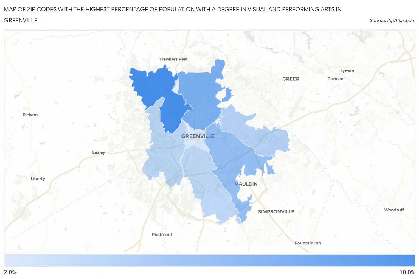 Zip Codes with the Highest Percentage of Population with a Degree in Visual and Performing Arts in Greenville Map