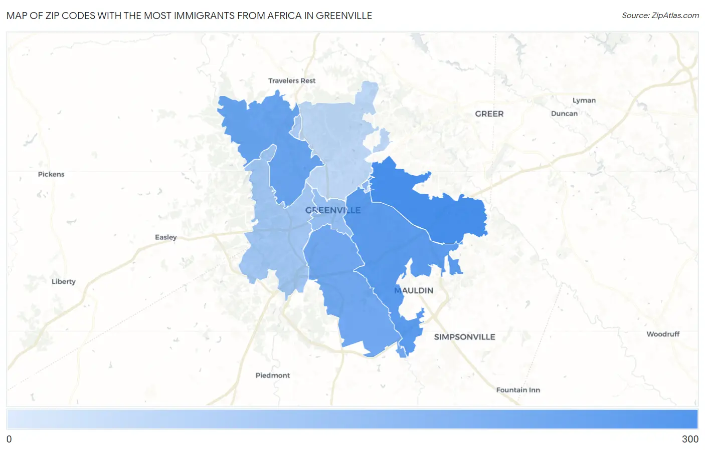 Zip Codes with the Most Immigrants from Africa in Greenville Map