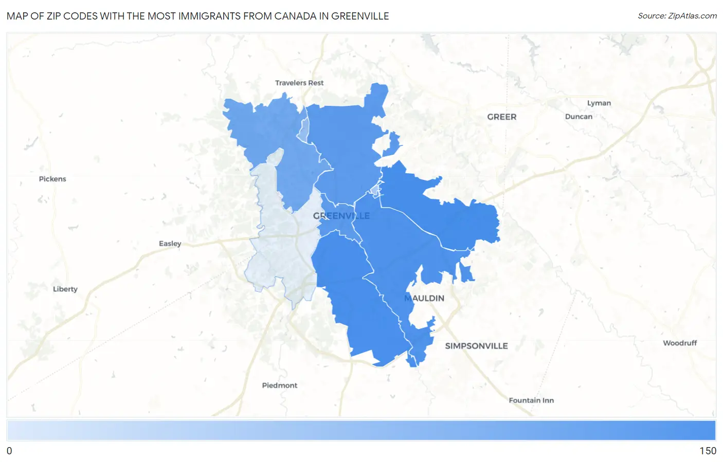 Zip Codes with the Most Immigrants from Canada in Greenville Map