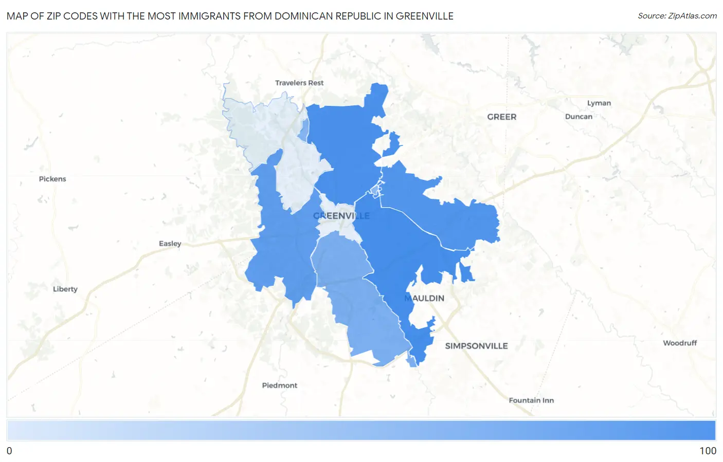 Zip Codes with the Most Immigrants from Dominican Republic in Greenville Map